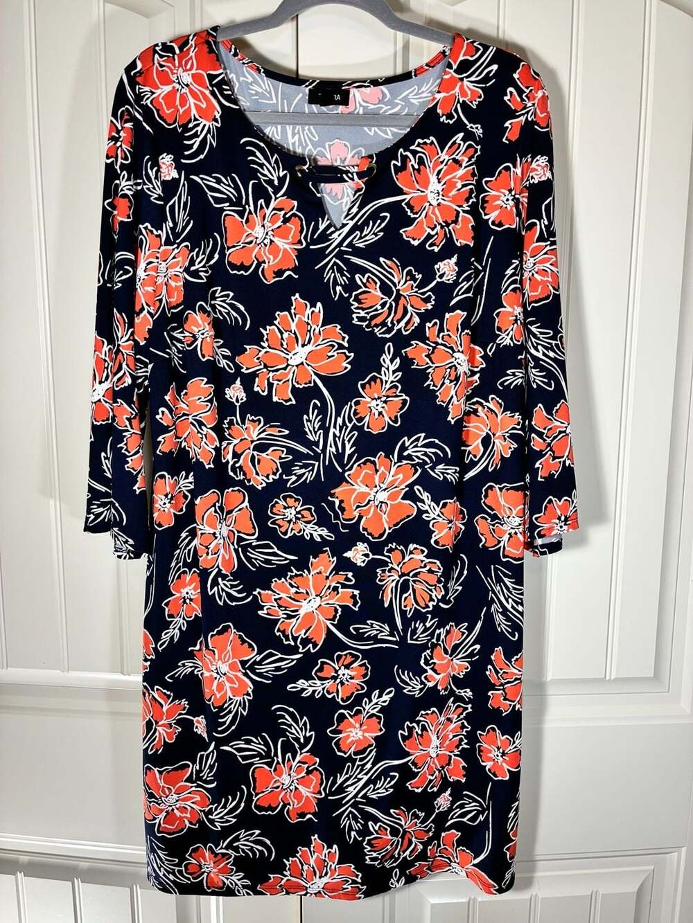 Tacera Dress Size 2X Navy Blue Orange Floral Keyhole 3/4 Sleeve